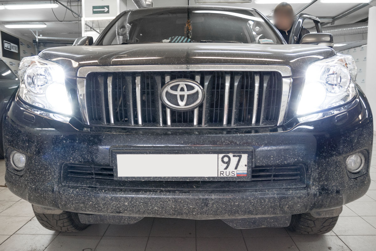 Установка LED би-линз Optima Professional на Тойота Ленд Крузер Прадо 150 ( Toyota Land Cruiser Prado 150) + замена стекол фар - Установка КсенонШоп в  Санкт-Петербурге (СПБ)